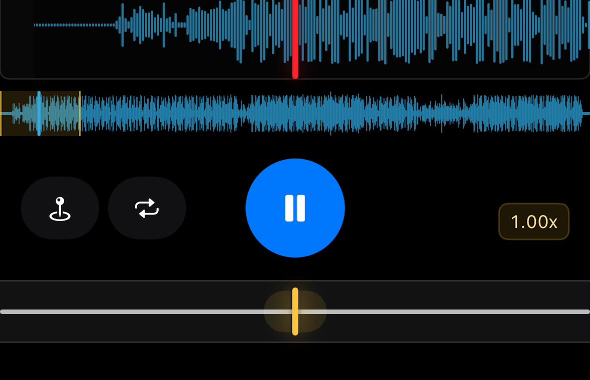 Zoomed bottom controls: the right label shows the rate, the bottom bar is the speed slider, and the yellow line is the current speed.
